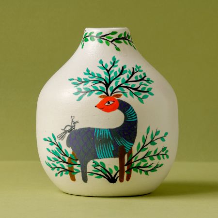 Handcrafted Ceramic Gond Deer Tree Antlers Decorative Art Vase